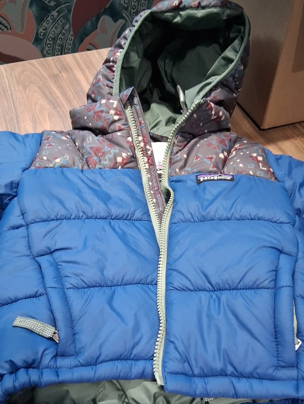 Patagonia Kids Royal Blue Puffer Jacket with Patterned Gray Hood